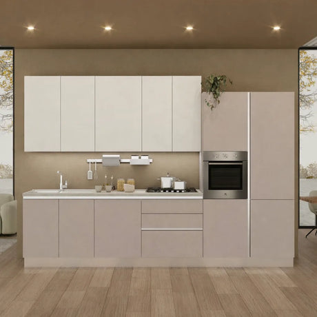 Cucina Armonia 363 cm moderna tortora e cashmere con elettrodomestici inclusi.