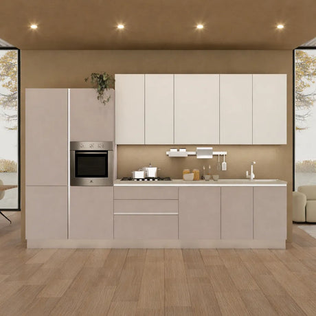 Cucina Armonia 363 cm moderna tortora e cashmere con elettrodomestici inclusi.