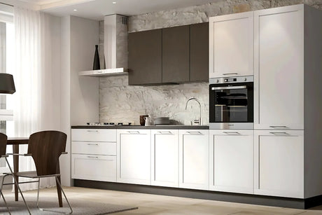Cucina Aurora 360 cm moderna pronta consegna con top effetto pietra nera ed elettrodomestici Candy