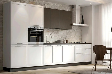 Cucina Aurora 360 cm moderna pronta consegna con top effetto pietra nera ed elettrodomestici Candy