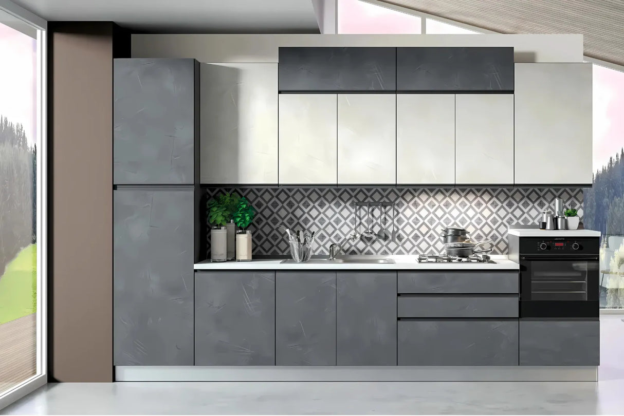 Cucina moderna Eguste da 360 cm in pronta consegna, con finitura grigio spatolato e elettrodomestici Candy inclusi.


