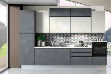 Cucina moderna Eguste da 360 cm in pronta consegna, con finitura grigio spatolato e elettrodomestici Candy inclusi.


