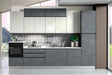 Cucina moderna Eguste da 360 cm in pronta consegna, con finitura grigio spatolato e elettrodomestici Candy inclusi.

