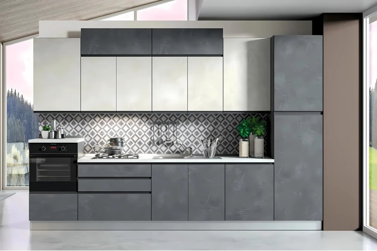 Cucina moderna Eguste da 360 cm in pronta consegna, con finitura grigio spatolato e elettrodomestici Candy inclusi.

