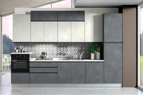 Cucina moderna Eguste da 360 cm in pronta consegna, con finitura grigio spatolato e elettrodomestici Candy inclusi.

