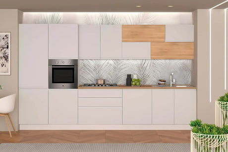 Cucina Evelyn 360 cm moderna in bianco opaco e rovere rustico con elettrodomestici inclusi.
