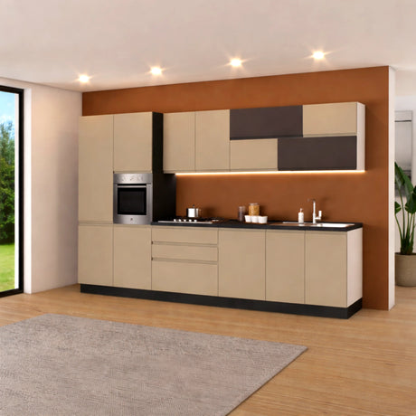 Cucina Evelyn 360 cm moderna in tortora e fango con elettrodomestici inclusi.