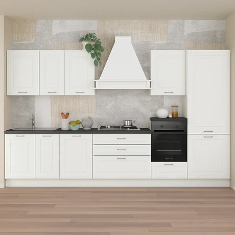 Cucina ilaria Bianca 360 cm con ante in frassino bianco, colonne, pensili e basi moderne, completa di elettrodomestici Candy