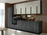 Cucina Maia 300 cm moderna con finitura spatolato ghisa e gesso, completa di elettrodomestici