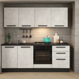 Cucina Nova 195 cm moderna in stile industrial con ante grigio ossido e pensili gesso, completa di forno, piano cottura e lavello inox