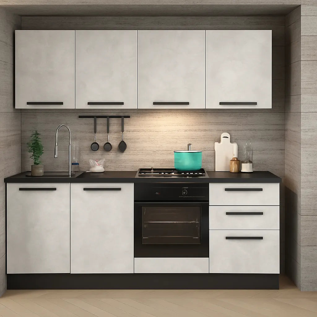 Cucina Nova 195 cm moderna in stile industrial con ante grigio ossido e pensili gesso, completa di forno, piano cottura e lavello inox