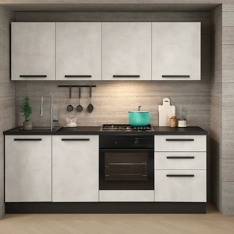 Cucina Nova 195 cm moderna in stile industrial con ante grigio ossido e pensili gesso, completa di forno, piano cottura e lavello inox