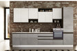 Cucina Prisma 360 cm con pensili bianco gesso e basi cemento chiaro
