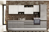 Cucina Prisma 360 cm con pensili bianco gesso e basi cemento chiaro
