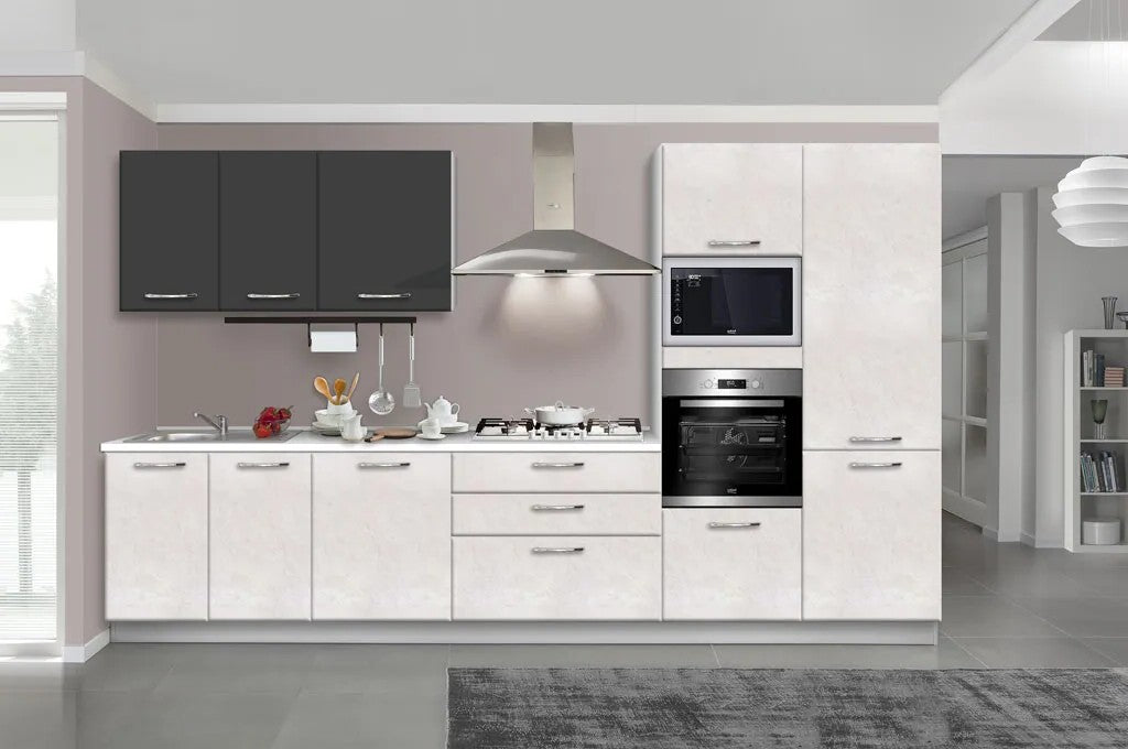 Cucina Silvia  360 cm con ante in MDF 3D, top effetto marmo, maniglie Venere ed elettrodomestici Candy inclusi. Design funzionale e moderno.
