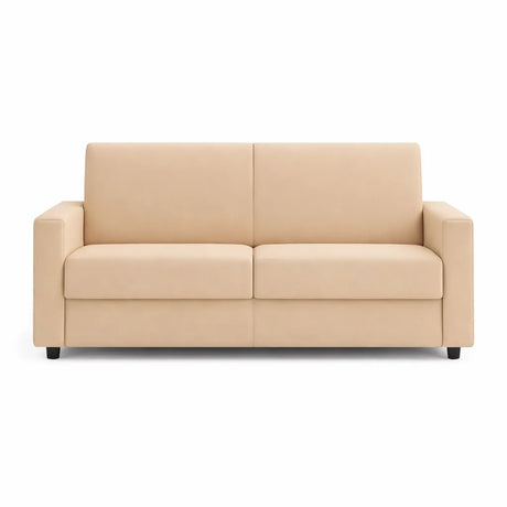 Divano letto 3 posti in tessuto con rete elettrosaldata, apertura a ribalta, maniglia estraibile e vano porta cuscini integrato.