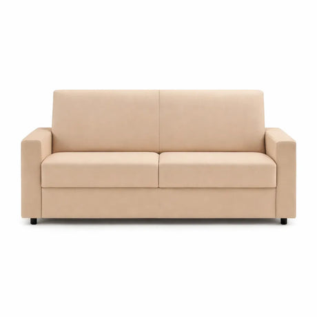 Divano letto 3 posti in tessuto con rete elettrosaldata, apertura a ribalta, maniglia estraibile e vano porta cuscini integrato.