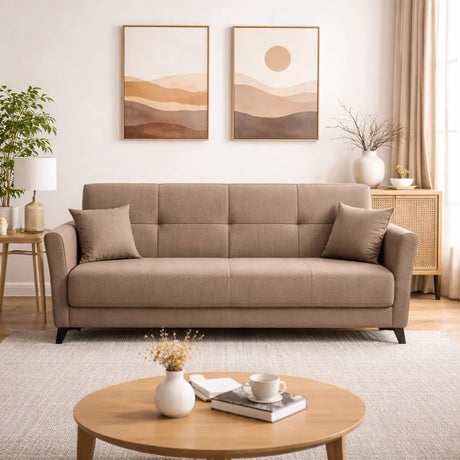 Divano letto clic clac in tessuto tortora con piedini neri e funzione letto