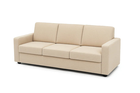 Divano 3 posti in tessuto beige moderno con braccioli squadrati e piedini neri

