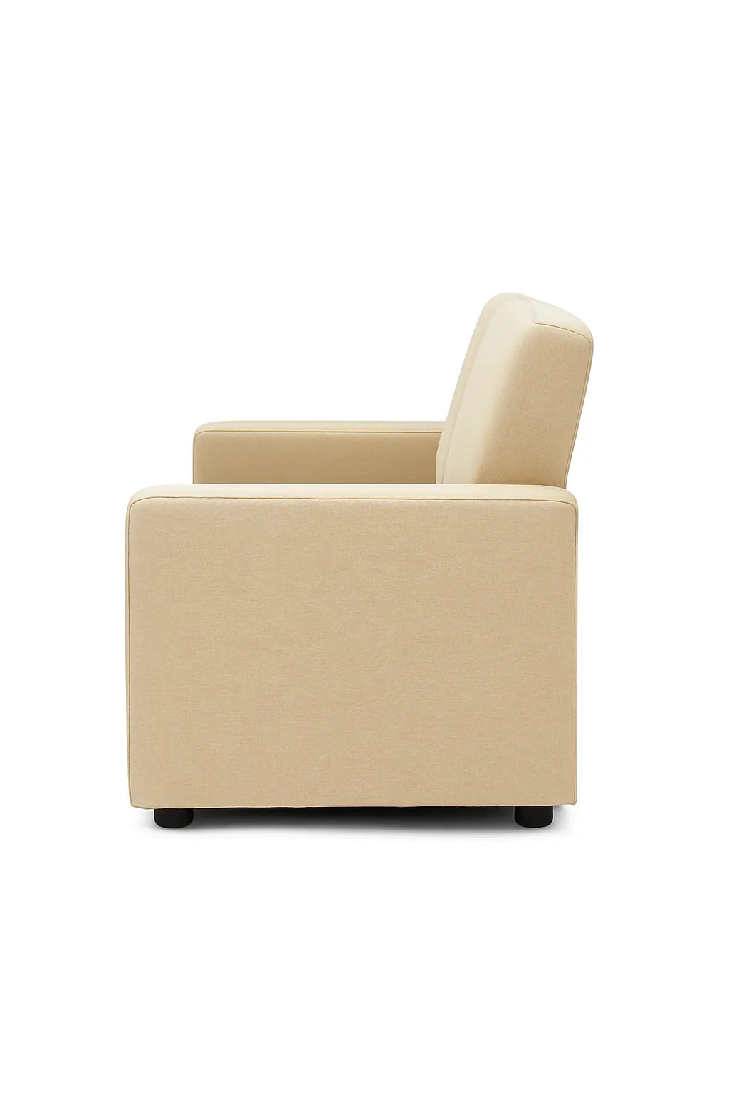 Divano 3 posti in tessuto beige moderno con braccioli squadrati e piedini neri