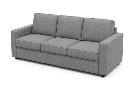 Divano 3 posti in tessuto grigio moderno con braccioli squadrati e piedini neri