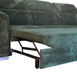 Divano angolare Monaco con letto estraibile a delfino, poggiatesta reclinabili, pouf contenitore e opzione poltrona reclinabile. Comfort e design per il soggiorno.