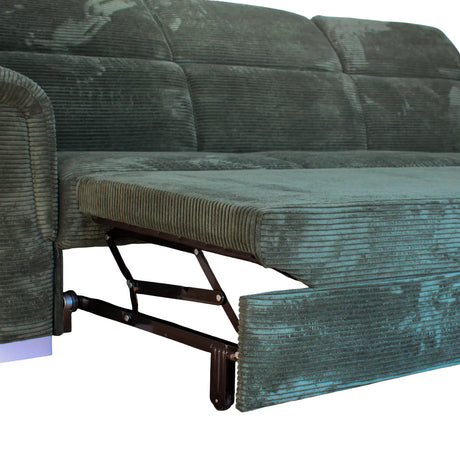 Divano angolare Monaco con letto estraibile a delfino, poggiatesta reclinabili, pouf contenitore e opzione poltrona reclinabile. Comfort e design per il soggiorno.