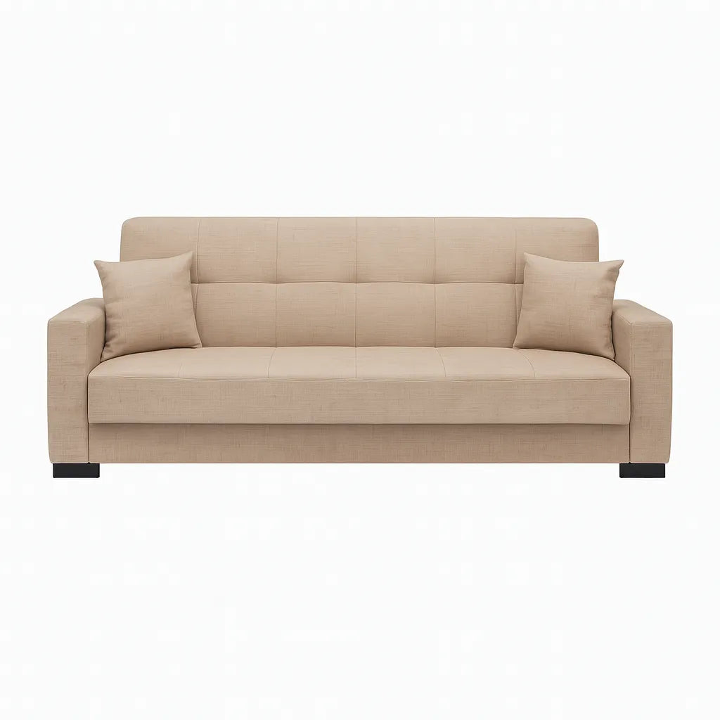 Divano 3 posti in stoffa beige con contenitore e funzione letto click-clack