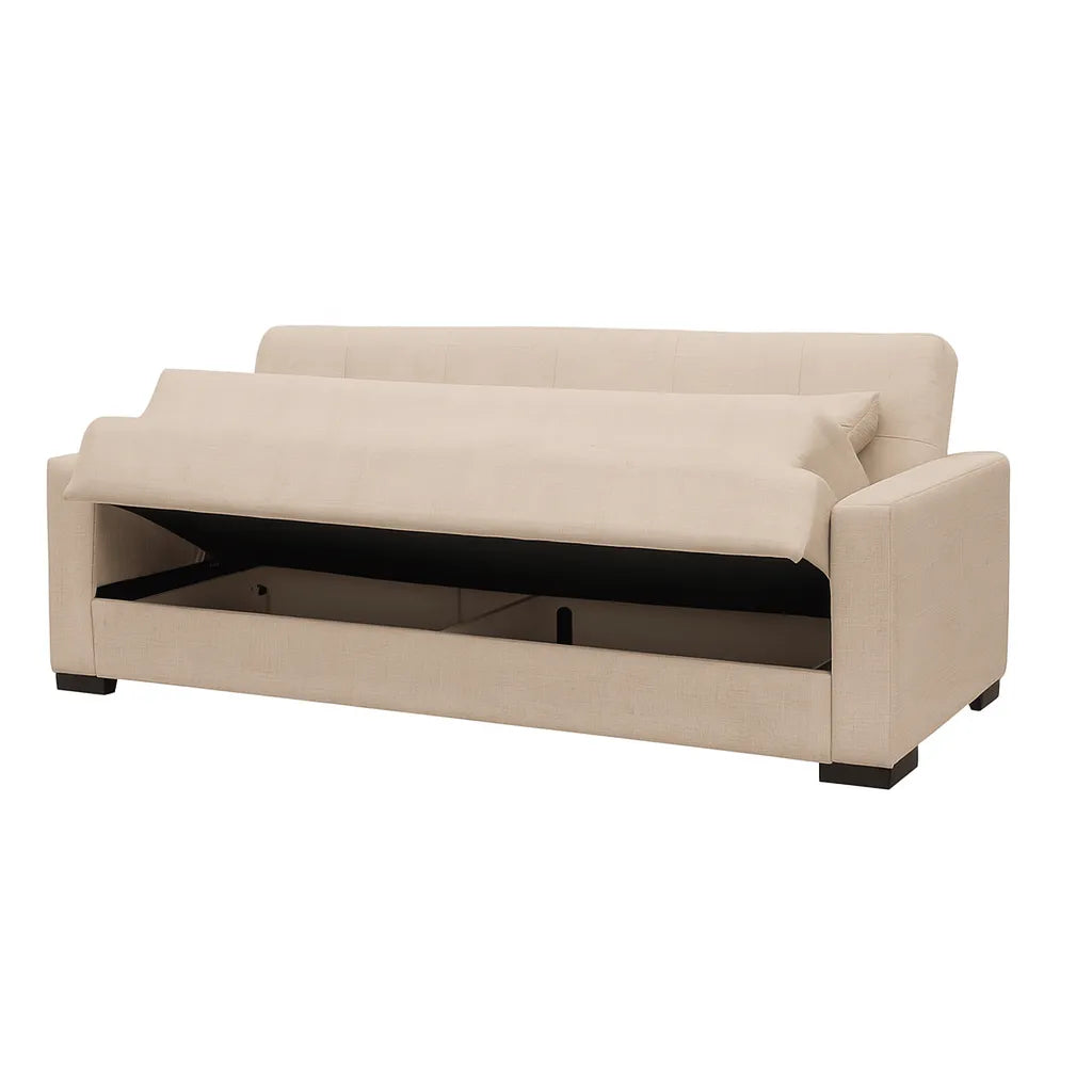 Divano 3 posti in stoffa beige con contenitore e funzione letto click-clack