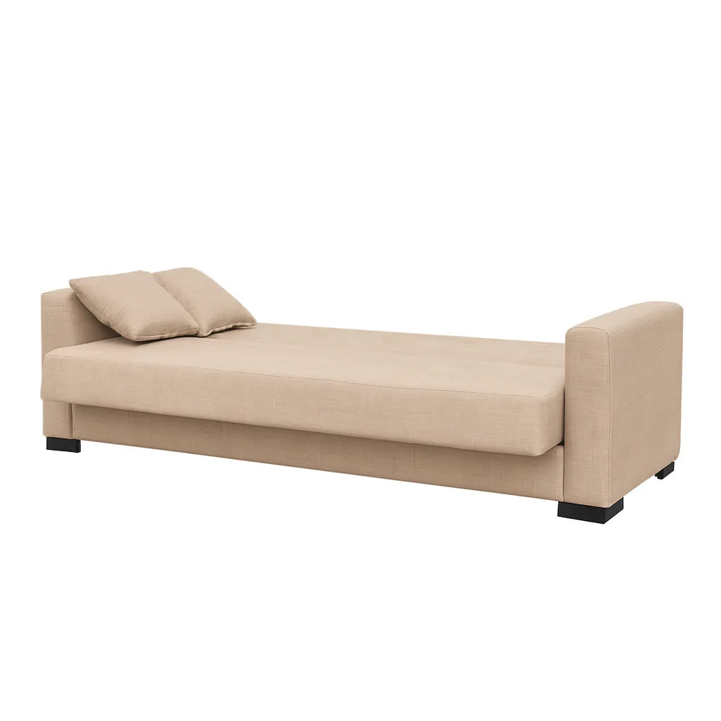 Divano 3 posti in stoffa beige con contenitore e funzione letto click-clack