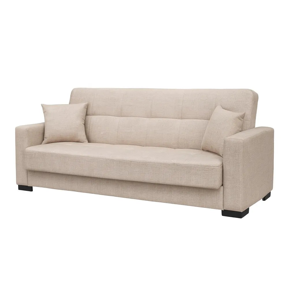 Divano 3 posti in stoffa beige con contenitore e funzione letto click-clack