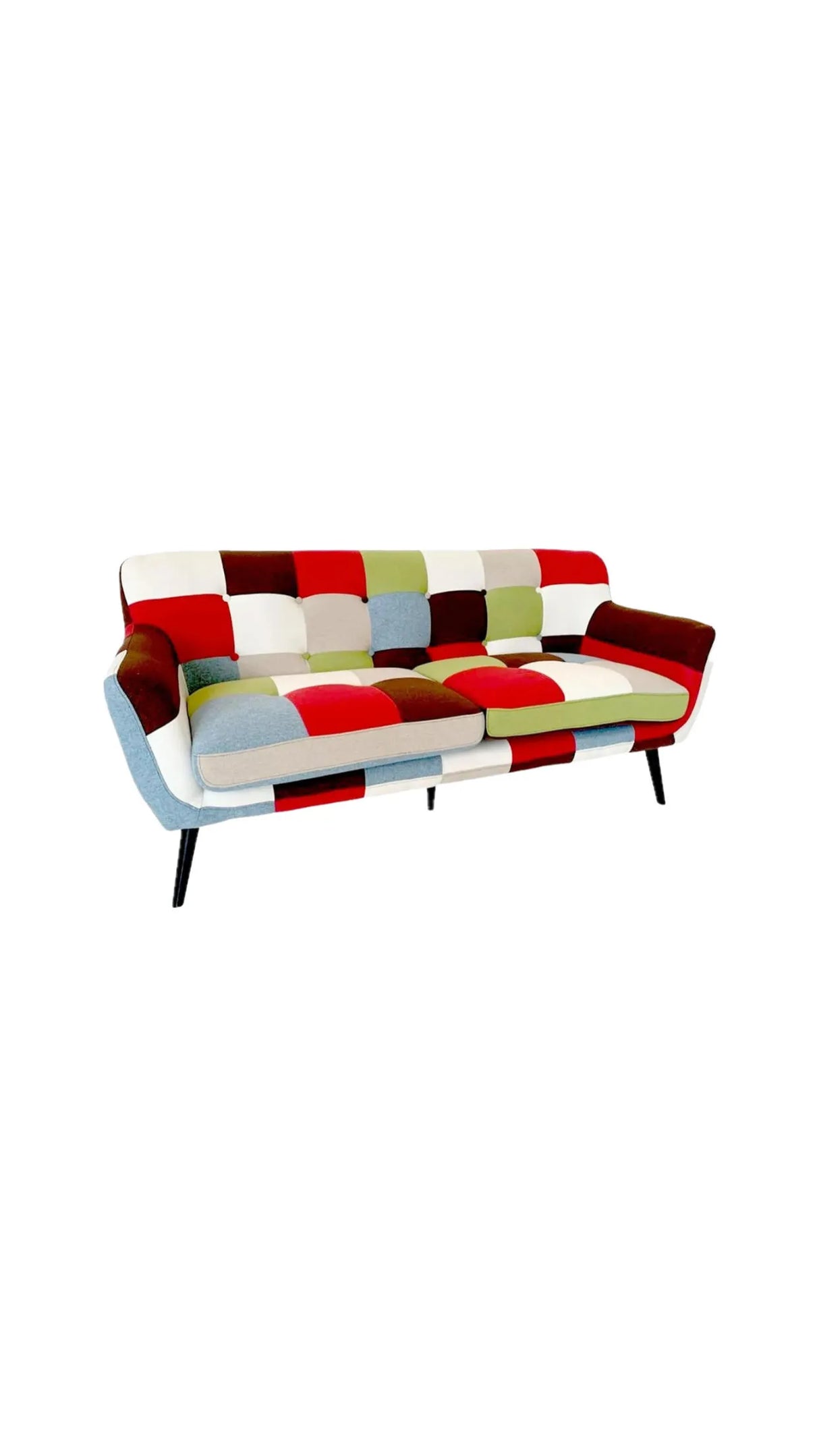 Divano Patchwork 3 posti in tessuto colorato con cuscini sfoderabili, braccioli imbottiti e stile boho vintage. Ideale per ambienti creativi e moderni.