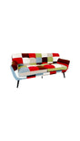 Divano Patchwork 3 posti in tessuto colorato con cuscini sfoderabili, braccioli imbottiti e stile boho vintage. Ideale per ambienti creativi e moderni.