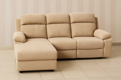 Divano Ulisse 3 posti con chaise longue destra, reclinabile, vano contenitore, disponibile in grigio o beige