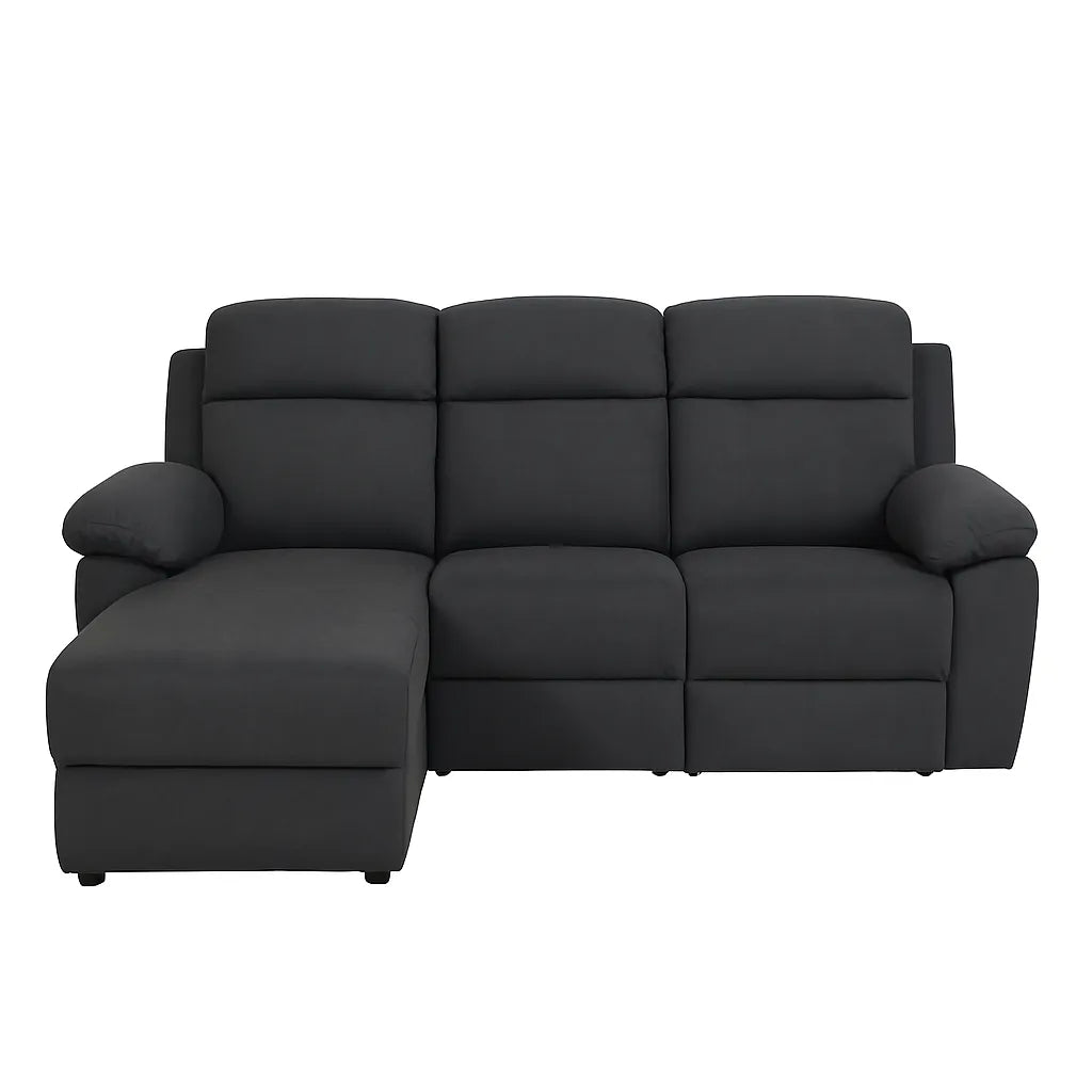 Divano Ulisse 3 posti con chaise longue destra, reclinabile, vano contenitore, disponibile in grigio o beige

