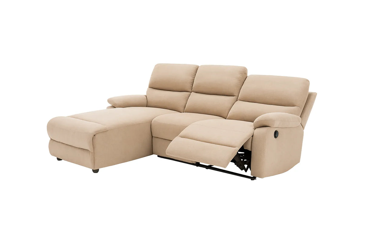 Divano Ulisse 3 posti con chaise longue destra, reclinabile, vano contenitore, disponibile in grigio o beige

