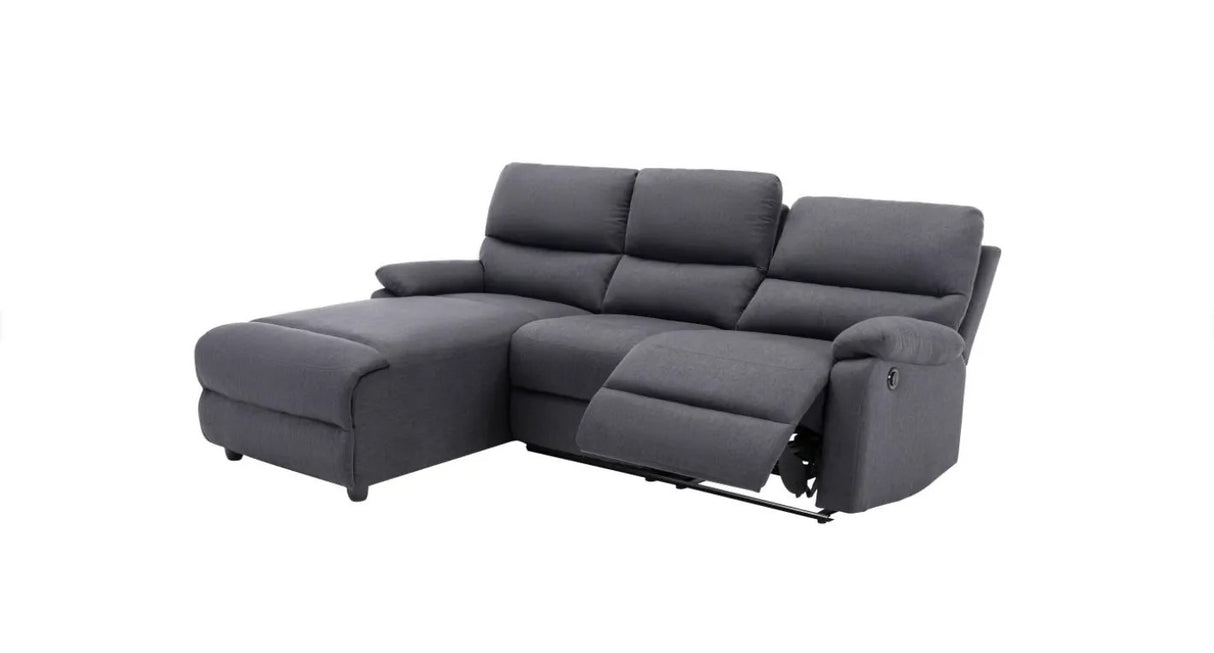 Divano Ulisse 3 posti con chaise longue destra, reclinabile, vano contenitore, disponibile in grigio o beige

