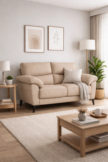 Divano Mira in tessuto lavabile con struttura in legno massello e piedini in metallo, design italiano elegante e moderno.