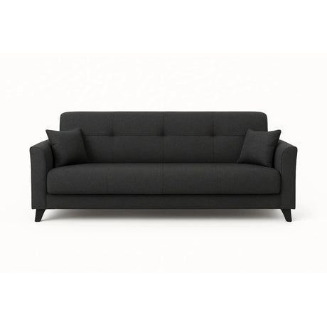 Divano letto clic clac in tessuto tortora con piedini neri e funzione letto