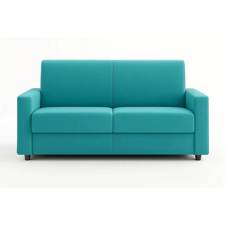 Divano letto 3 posti in tessuto con rete elettrosaldata, apertura a ribalta, maniglia estraibile e vano porta cuscini integrato.