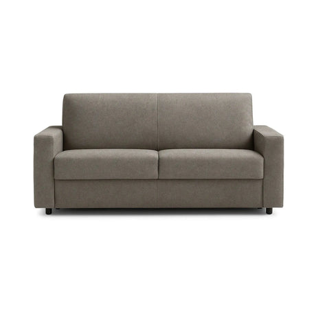 Divano letto 3 posti in tessuto con rete elettrosaldata, apertura a ribalta, maniglia estraibile e vano porta cuscini integrato.