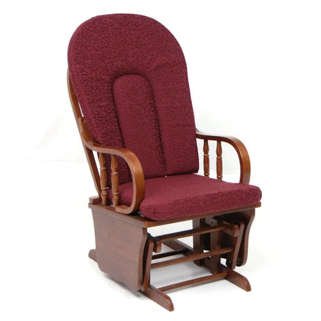 Poltrona dondolo Douglas in legno color noce con cuscino imbottito bordeaux