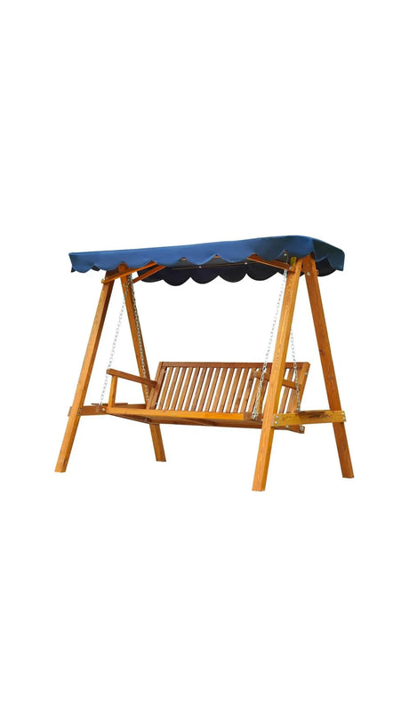 Dondolo da giardino Sunny a 3 posti in legno di pino con tettuccio blu regolabile. Stile classico, struttura robusta e comfort per spazi esterni.