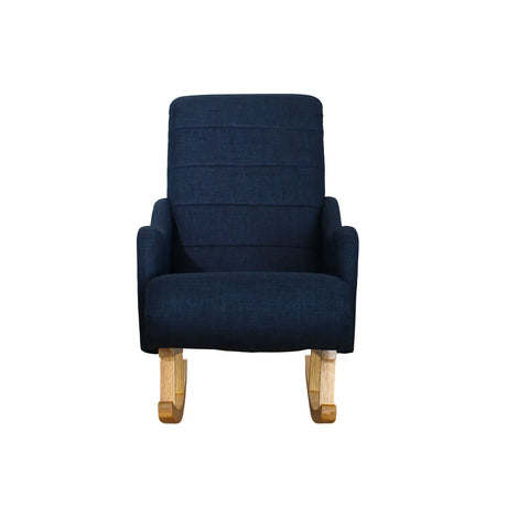 Dondolo Giulietta in legno con schienale ergonomico e rivestimento in cotone. Design classico per interni eleganti e spazi relax coperti.