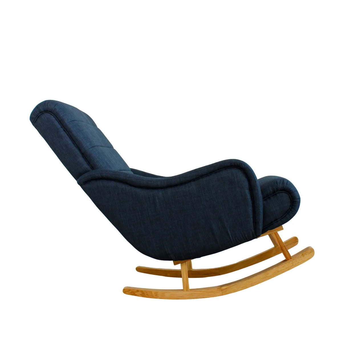 Dondolo Giulietta in legno con schienale ergonomico e rivestimento in cotone. Design classico per interni eleganti e spazi relax coperti.