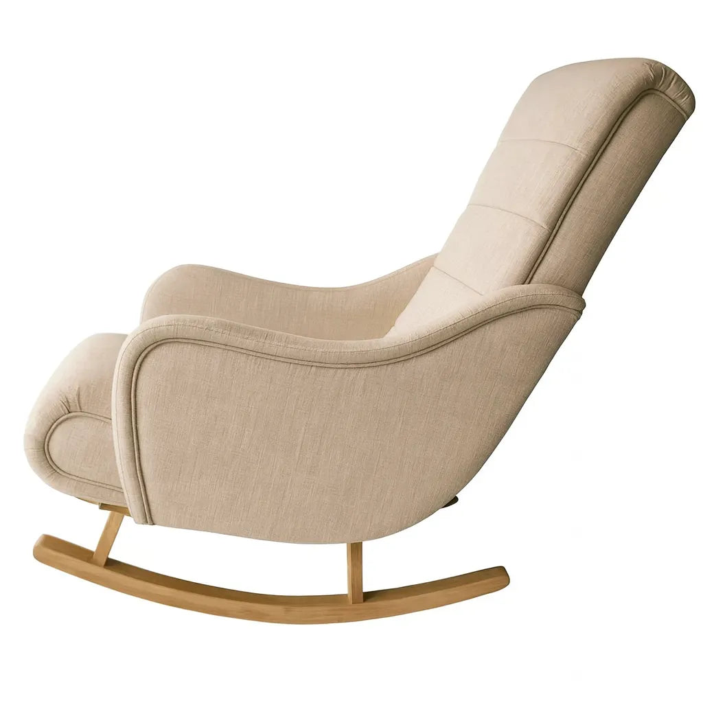 Dondolo Giulietta in legno con schienale ergonomico e rivestimento in cotone. Design classico per interni eleganti e spazi relax coperti.