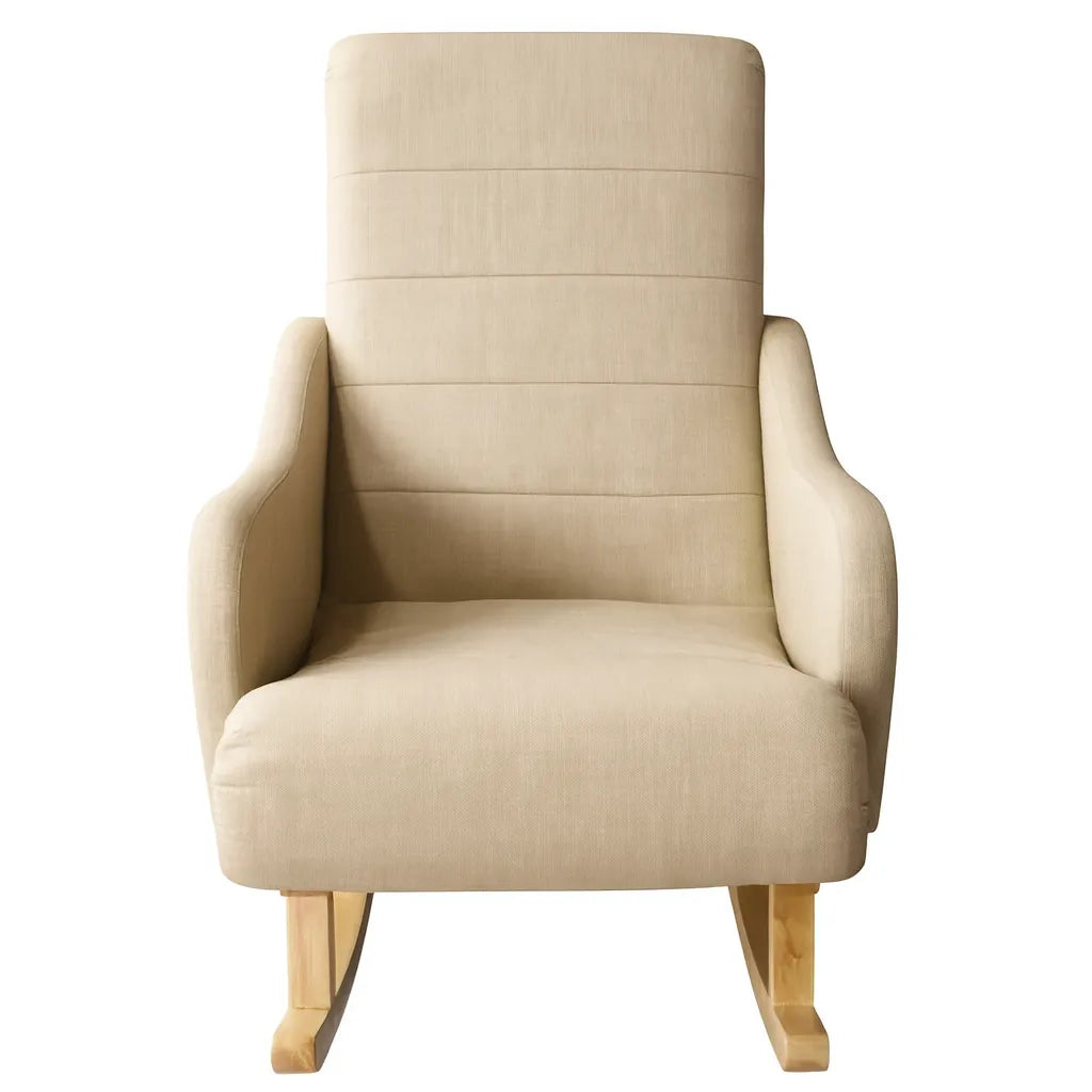 Dondolo Giulietta in legno con schienale ergonomico e rivestimento in cotone. Design classico per interni eleganti e spazi relax coperti.
