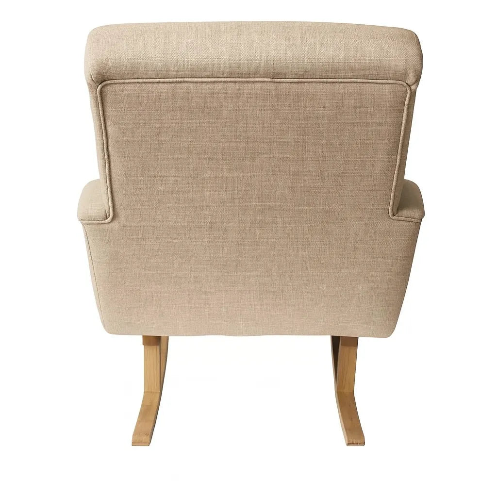 Dondolo Giulietta in legno con schienale ergonomico e rivestimento in cotone. Design classico per interni eleganti e spazi relax coperti.