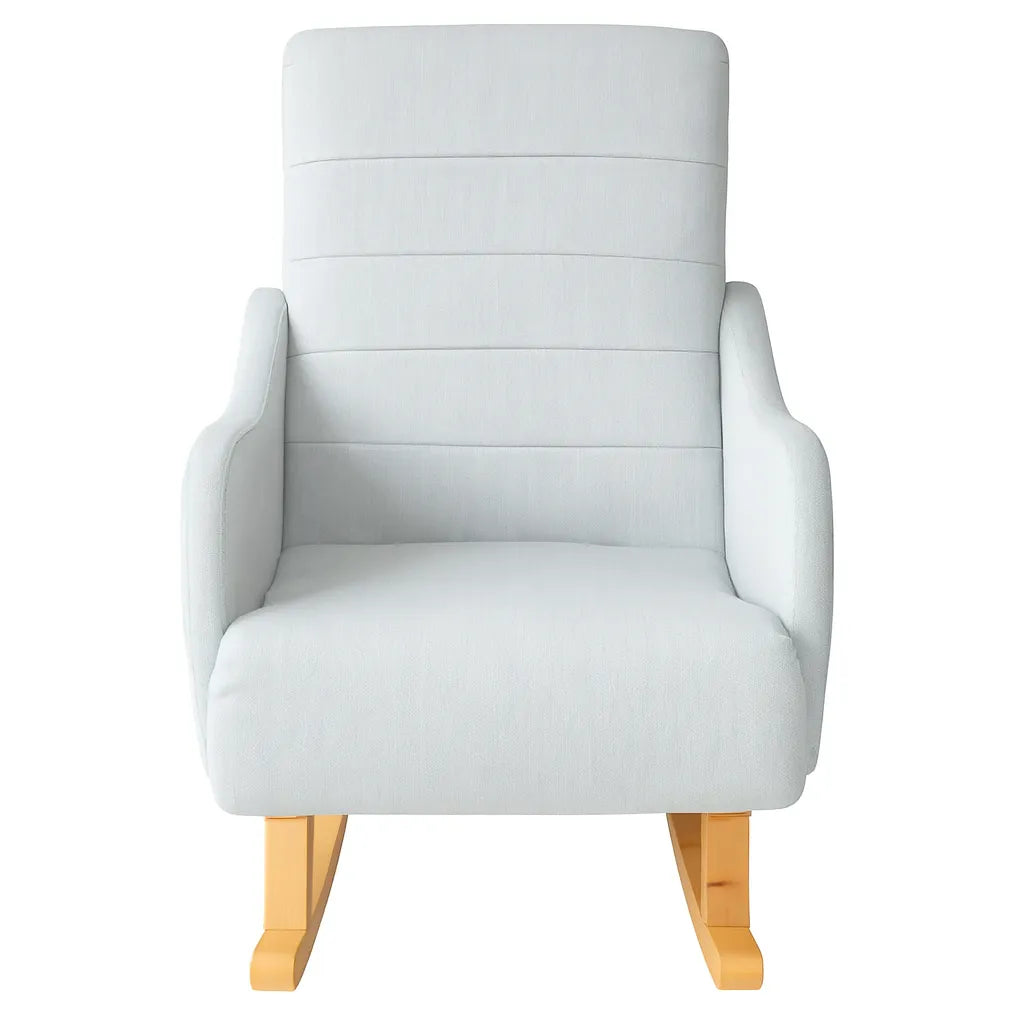 Dondolo Giulietta in legno con schienale ergonomico e rivestimento in cotone. Design classico per interni eleganti e spazi relax coperti.