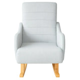 Dondolo Giulietta in legno con schienale ergonomico e rivestimento in cotone. Design classico per interni eleganti e spazi relax coperti.